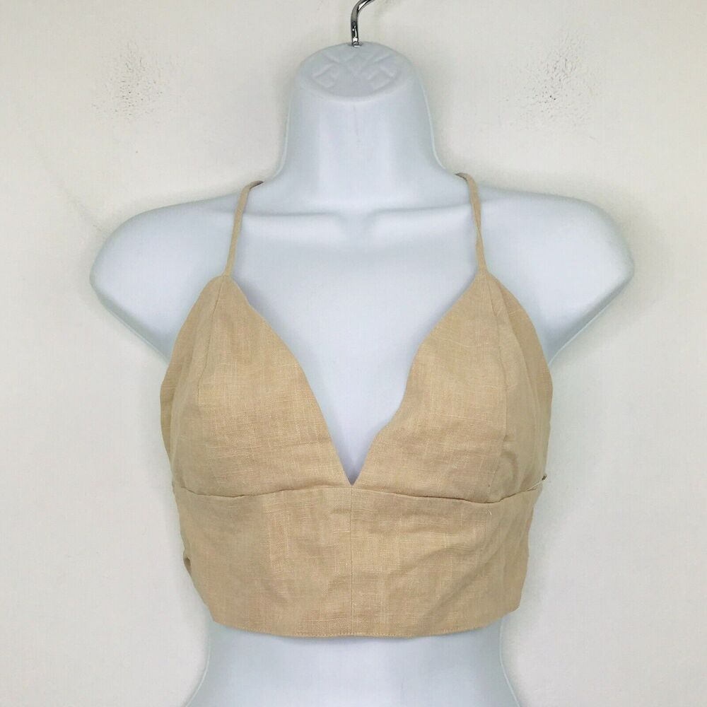 Olivaceous Women's Small Tank Top Beige Cropped Woven Backless Lace Up NWOT BJ24